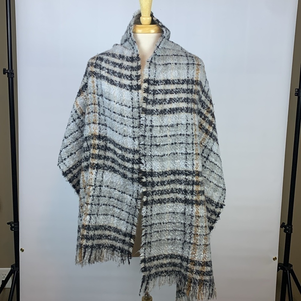 Light gray and black plaid acrylic scarf or wrap